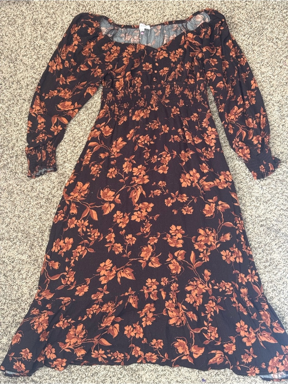 bohme Brown Midi Dress with Rust Floral Print